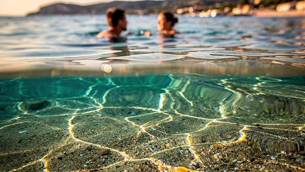 Baigneur dans l'eau cristalline de la Méditerranée au Lavandou avec fond marin visible
