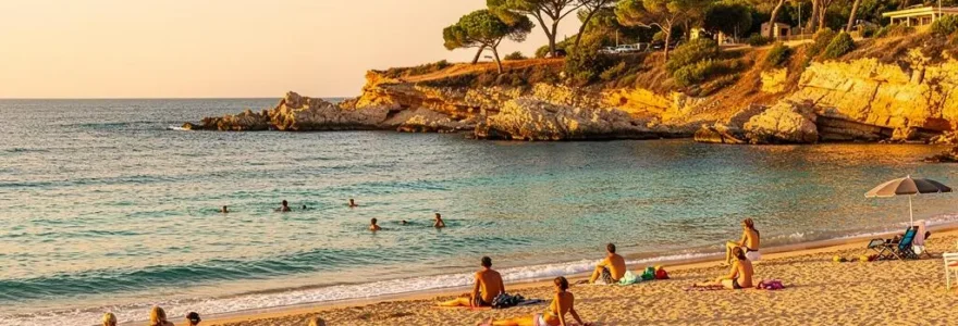 Plage méditerranéenne tranquille au Lavandou en septembre avec eau turquoise et pins parasols