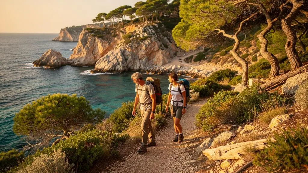 Randonneurs sur le sentier côtier méditerranéen du Lavandou avec vue sur la mer