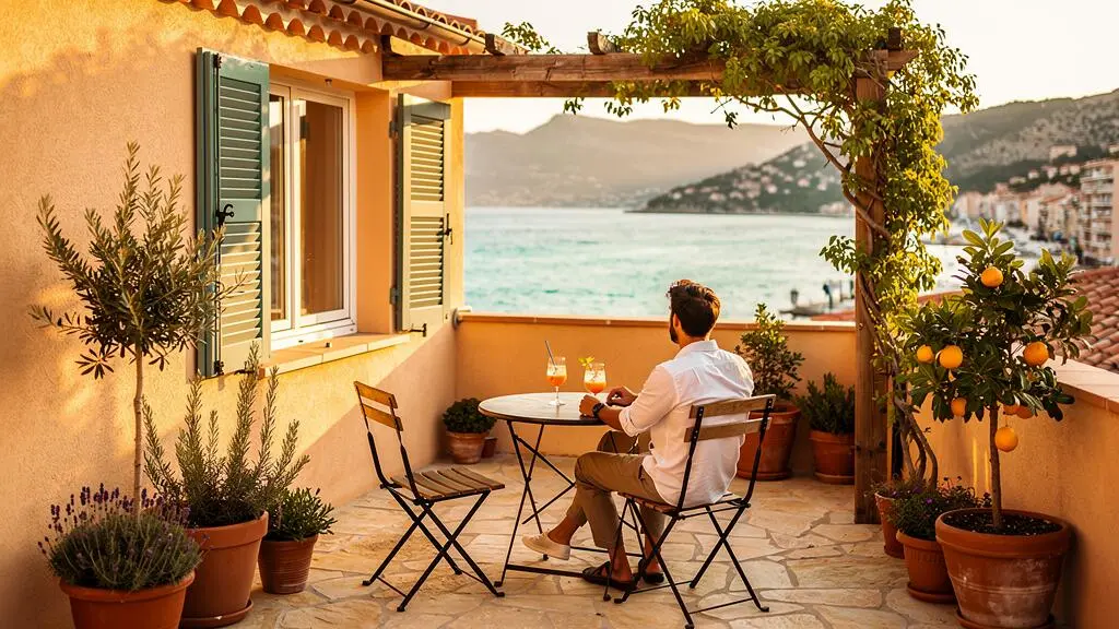 Terrasse provençale avec vue sur la Méditerranée au Lavandou en septembre